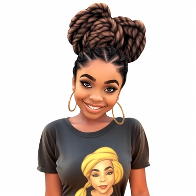 cute 2D vector clip art design hand-drawn of black girl long natural hair in braided updo, big eyes, stylish photoshoot pose, beautiful natural smiling, white background