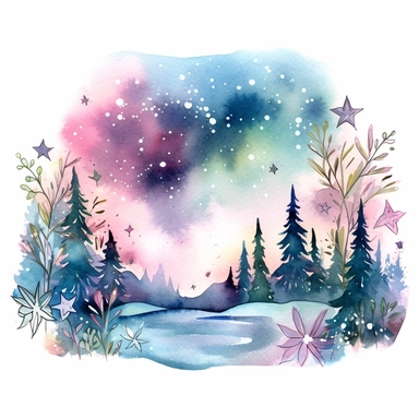 watercolor stars and northern lights over flowers illustration clipart, in the style of use of northern lights tones, intricate storytelling, dramatic color palette, rounded, ephemeral installations, elaborate borders, romanticized depictions of wilderness, clipart, blank white background