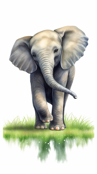 worlds cutest, adorable, realistic, life like image of a baby elephant with his trunk raised in the air and standing in a green grassy field and pond, watercolor clip art, white background ,artist rendition, sharp focus, extreme detail,