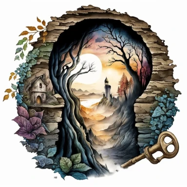 looking through a keyhole to a fantasy scene. artwork medium is watercolor clipart.