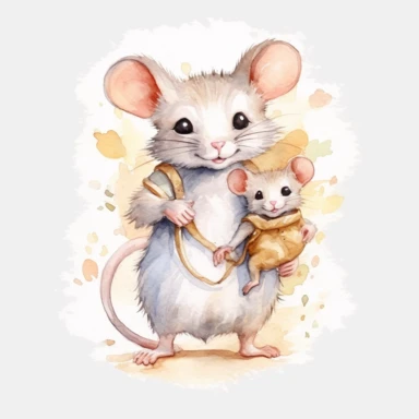 a mom mouse carrying a cute little baby mice on her arms, watercolor, clipart, hd, detailed