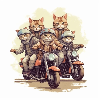 Create a clipart of a group of cute cats riding motorcycles together, perhaps forming a motorcycle gang. Low detail. White background, soft lighting. In the style of Bob Ross