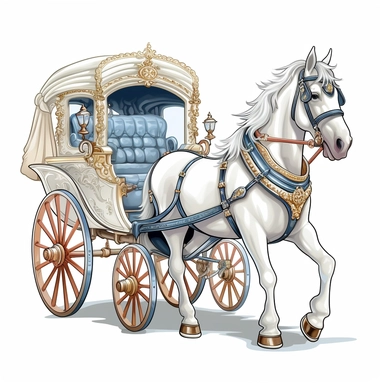 Cartoon white horse and carriage clipart, high detail, illustration style, high solution, on the white background