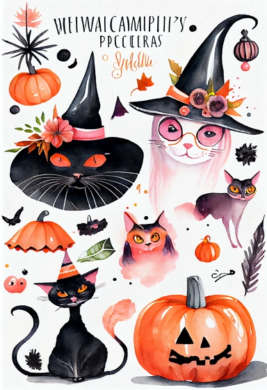 a pretty boho fun art collection on a white background with margins, pink orange and black Halloween cats spiders pumpkins witch hats, watercolor, clipart,