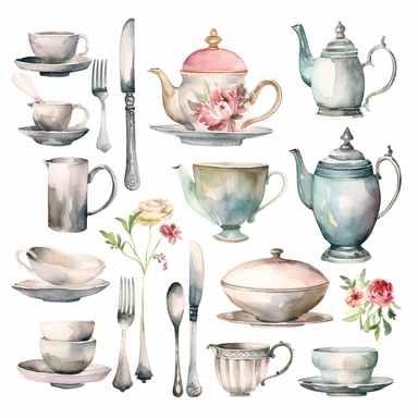 Watercolor vintage silver tea set , illustrations clipart set, simple, soft colors, cartoon elements, different variants, teapot, sugar bowl, jug of milk, , stacked china plates, tongs, china cup and saucer,napkin, stacked teacups, ,silver knife, ,silver fork, ,silver spoon,napkin, place holders, vase of flowers, separate elements with a margin
