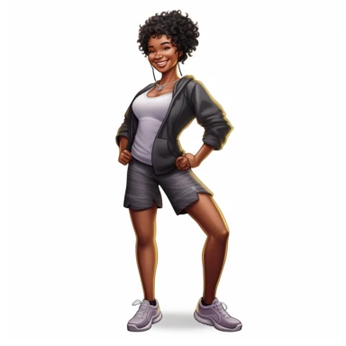 beautiful black teenage girl with beautiful flowing short hair, dressed in fitness attire. Full perspective and, long shot A young black woman with full lips and a big beautiful smile, dressed in a jogger, has short flowing hair and beautiful shapely legs, wearing sneakers, clipart in the style of digital airbrushing, feminine sticker art, dollcore, realistic face, realistic body, glamorous,
