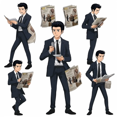 journalist as serios comic anime character, same style like Kentaro Miura, multiple poses and expressions, dressed with a suit, dark hair, black shoes, very detailed, clipart, no background