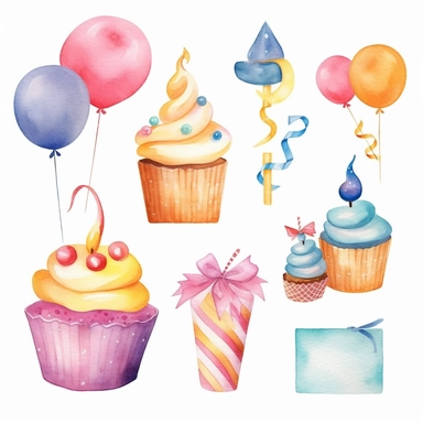 birthday watercolor clipart, cupcakes, candles, balloons, confetti, birthday hat, vibrant, white background, high quality, high definition, 8k