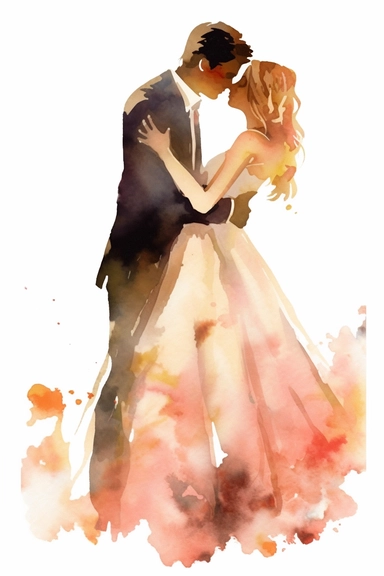 Watercolor bride and groom silhouettes, wedding dance, simple, soft colors, cartoon elements, watercolor boho style, clipart, white transparent