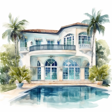 one watercolor villa, clipart, wedding venue, big windows, pool, miami style, tropical colors, white background