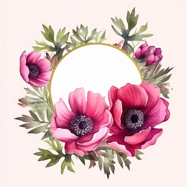 dark Magenta anemone flower bunch, watercolor, clipart, highly detailed, HD, flowers arranged in a square-shaped frame