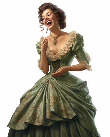 detailed happy beautiful lady , dressed in a sage victorian vintage dress laughing and covering her mouth, hyper realistic, 8k, isolated on white backgorund, clipart