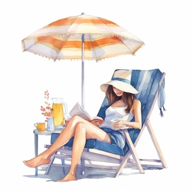 watercolor, hyper realistic, white background, white margins, 16k, ultra detailed clipart, cut out image, hand-drawn, whimsical manhwa style, ultra HD, sharp and clean art a comfy beach chair, umbrella, straw hat, beach bag, magazine, and a refreshing drink on a beach