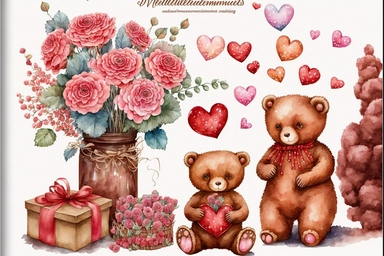 valentine flowers, chocolates, teddy bears, heart, cards letters expressing love and affection accessories clipart, Aquarelle hand painting, aesthetic, watercolor, sparklecore, fantastic realism, fairytale