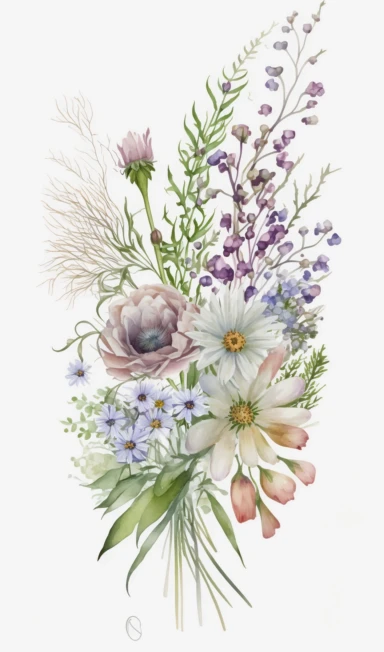 beautiful flowers, floral bouquet, thin, calming, peaceful, harmony, elegant, rustic clipart, white background, no text,