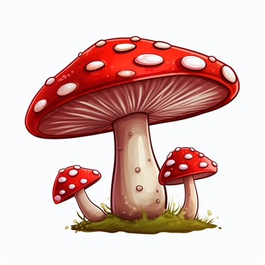 A clipart image of a red magic mushroom, with a whimsical cartoon style. Its cap is a vibrant red with white spots, and it stands alone against a white background.