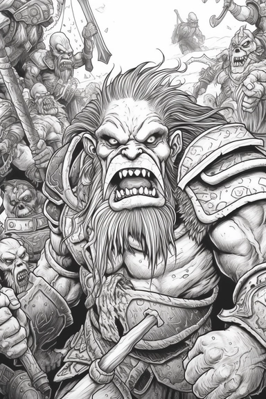realistic style, bold black lines, fantasy dwarf armies in combat with orcs using axes and hammers hitting themed colouring page, bold black lines, clipart, digital art, colouring page for adults