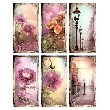 a page of watercolor flowers and street light card collections, set of 4 cliparts, in the style of steampunk-inspired designs, light magenta and beige, great contrast, altered and substituted canvases, art arrangement, photographic source, matte, insanely detailed and sharp, some splash with alcohol ink, nouveau réalisme