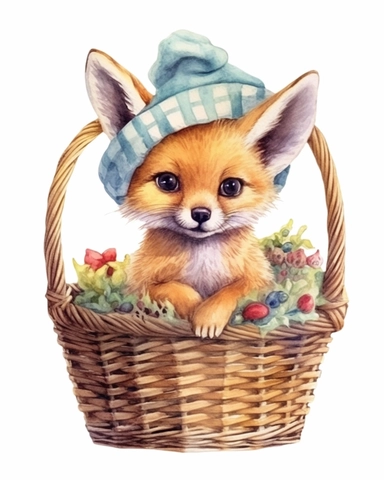 detailed watercolor Baby fox on a basket with cap , hyper realistic, isolated on a white background, clipart
