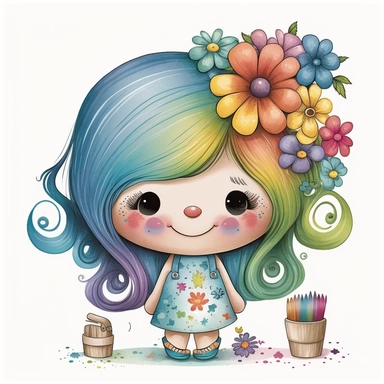 watercolour cute hairdresser style rainbow little troll girl, hairdresser, hairstylist troll character, holding scissors, hair brush, hairdryer, whimsical, adorable, cute, flowers, full image, big cute adorable eyes, Clipart style, white background