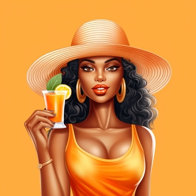 pretty black girl, Sun Straw Hat Wide Brim Summer Hat Foldable Roll up Floppy Beach Hats, pretty, holding a cocktail drink, orange outfit, 4k, hd, clipart