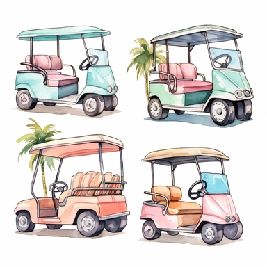 pastel, illustrated golf carts, clipart, isolated on white background, vintage surf style