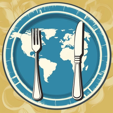 front cover art, world cooking, globe on plate, fork and knife, simple, clip art