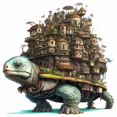 a steampunk city on the back of a giant tortoise, clipart, standalone