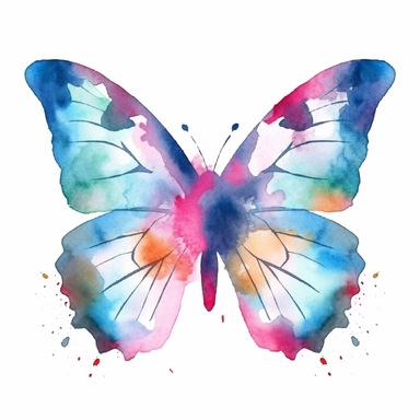Watercolor Butterfly clipart, flat style, no volume, few details, washed out, minimalistic style, very lose details, very light colors, transparent colors, light airy hues and pastel tones, spaced out, white background, washed out colors and paint, hand - painted watercolor, watercolor spray, watercolor splash, splatters and paint smudges on top of Butterflie, watercolor paper with visible rough paper texture, a variety of watercolor brushes, do not cross workspace borders, rough watercolor pape