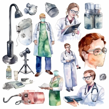 watercolor doctor related scenes , illustrations clipart set, simple, , cartoon elements ,different variants , nurse, doctor, stethtescope, mechanical body weighing scale, microscope, ,separate elements with a margin