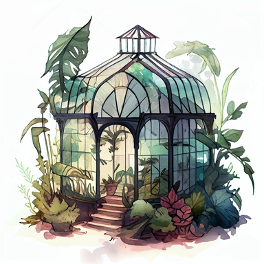 on a white background for a clipart realistic and detailed whimsical deep and bright color watercolor and black ink illustration in the 2d anime style. a glass greenhouse in art deco style. Add magic vegetation, magical details and mystical atmosphere. plants are everywhere