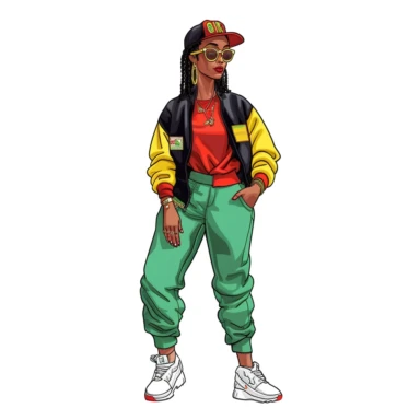 cartoon illustration of a cute black woman, wearing a hat, wearing nike air jordan shoes, wearing a green, yellow and red fly 90s outfit, large hoop earrings, sunglasses, clipart, white background