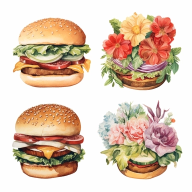 4 watercolor cliparts of neoclassical burguer with flowers integrated on it, yaka art, Hyperrealistic still life, aurorapunk, 1990s, appropriation artist, hellenistic art