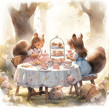 2 squirrel girls tea party, Little girl exploring, 2 girls, illustration for book, children's book, 2 clipart, fiorucci angels, beautiful decoupage paper, pastel colors, white background clipartm, fantasy art, squirrel ears, perfect eyes, detailed body, Watercolor Clipart, strybk, full Illustration, 4k, sharp focus, watercolor, smooth soft skin, symmetrical, soft lighting, detailed face, concept art, watercolor style, strybk, children's style fairy tales, chibi kawaii, Octane rendering, 3d. Perf