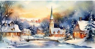 peaceful Christmas eve in the village, at dusk, ornamental watercolour clipart