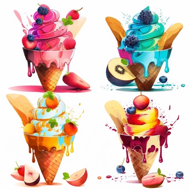 clipart set of ice cream in a cup, fruit, eye-catching composition, modern, summer, free brushwork, white background