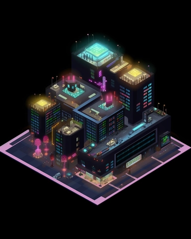 isometric clean pixel art image, game sprite, futuristic random public building concept, gaming asset, sci-fi, fun, creative, cartoon, clipart, hyper-detailed, black background,