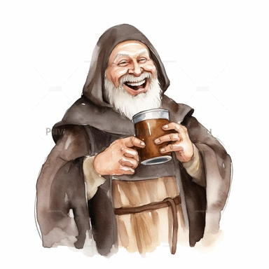 happy bearded medieval friar Tuck laughing as he holds a beer mug in his hand watercolor clipart