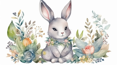 Watercolor bunny in floral bouquet. Drawn childish clipart animal forest, silver, green plants and flowers. Watercolor painting funny bunny for kids. Baby cute animal rabbit,