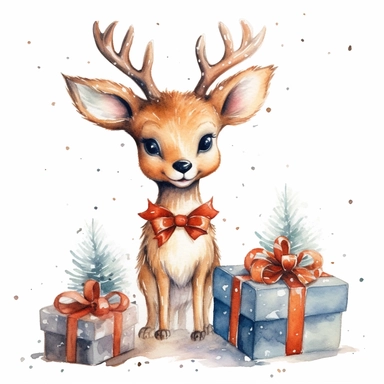one christma deer and gift box watercolor clipart on a white background, in the style of detailed nature depictions, whimsical drawings , no watermark, text, 300 DPI , typography, shapes do not stick together, no text in the picture, on a white background