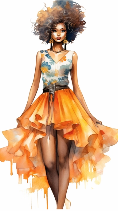 A vibrant watercolor illustration featuring an African American girl with a unique sense of beauty and style. Her hair is depicted with intricate textures and patterns, showcasing her natural beauty. The girl is shown in a fashionable outfit, exuding confidence and elegance. The illustration is in a clipart style, isolated on a clean white background with a resolution of 300dpi and various aspect ratios.