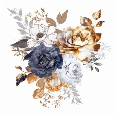 a clipart of a dim photorealistic silver and bronze pen outline of watercolor illustration of peonies and roses and lilies and carnations and small flowers and leaves floating in air on a white background, bright photo studio lighting, primarily colors are many shades of white and bronze and gold and navy blue and light pink, 4k, super detailed high definition, moody and pretty,