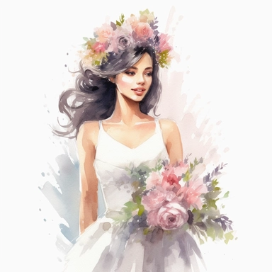 beautiful watercolor fun, happy and cute photorealistic stylish, smiling dark hair bride in white wedding dress and tiara beautiful, whole body, decorated in big pastel and light colors flowers in the style of aquarelist, wedding illustrations award winner, wedding clipart, 8k, white background, intricate details illustrations very detailed, uhd exquisite clothing detail, rimel neffati