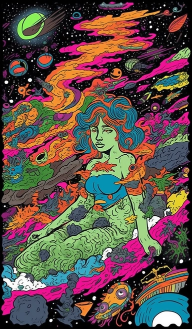 clipart some psychedelic artwork done by person, in the style of frank thorne, whiplash curves, adventure pulp, womancore, grunge skateboarding, bill brauer, celestialpunk my last year in art, a psychedelic poster'' a black woman in a teddy bear hat, in the style of michael deforge, grunge skateboarding, clyde caldwell, cosmic landscape, explosive expressionism, olympus af-1 (aka olympus infinity), #vfxfriday, a woman skateboarding and falling from her board, in the style of psychedelic-inspired