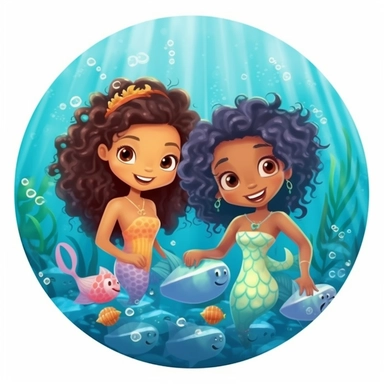 little cute mermaids, 5 years old, clipart cartoon, multiple hair colors and multiple skin tones, swimming underwater with cute seahorse and cute fishes scene, happy and laughing, illustration style a/r 3:2