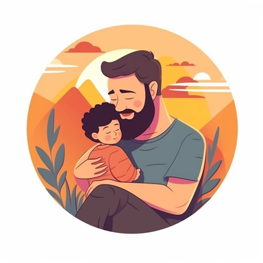 Create a heartfelt Father's Day clipart showcasing a dad hugging his child. The scene should depict a warm, loving moment where they are both smiling, symbolizing their strong bond. The dad can be kneeling or sitting to be at the child's height. Try to incorporate soft, soothing colors to emphasize the loving nature of the scene. Additionally, include a decorative banner at the bottom of the clipart with the phrase 'Dad's Hug, Best Hug'. Please ensure the illustration is clear and high-resolutio