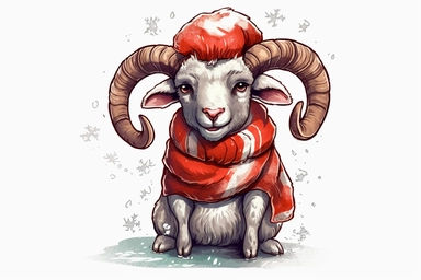 Cute Bighorn sheep in christmas Day clipart, cartoon, white background,