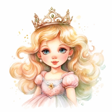 watercolor Cute Beautiful princess Clipart fantasy, Cartoon, hyper realistic, intricate detail, illustration style, high resolution, on the white background
