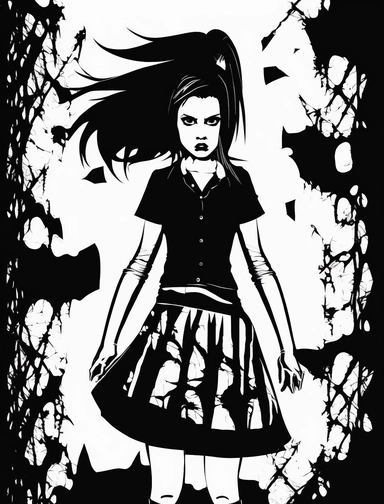 angry goth woman in skirt black and white vector clipart