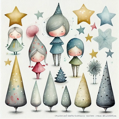 A watercolor painting of star collection, christmas, cute detailed digital art, inspired by nicoletta ceccoli, by Kubisi art, whimsical and cute, by nicoletta ceccoli, cute detailed artwork, glimmering, adorable and whimsical, whimsical art, Clipart style, png style, svg style, blank white background, a solid white background